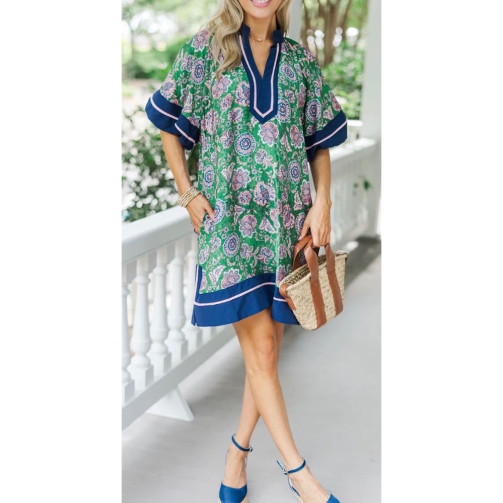 Entro‎ Womens Green Floral Paisley Tunic Dress Navy Trim Size Medium Womens